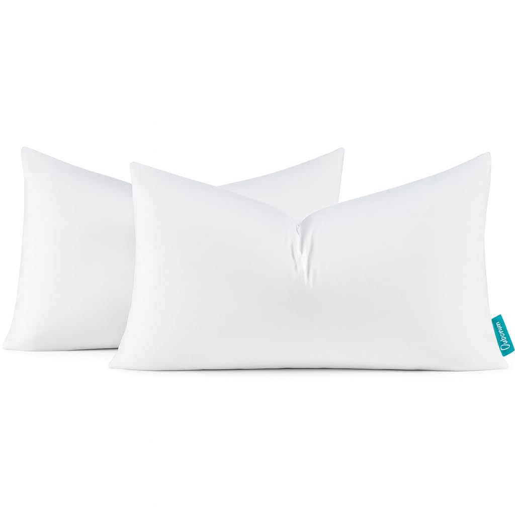 oubonun 12x20 feather down throw pillow inserts, 100% cotton cover, medium firm lumbar pillow inserts for couch, sofa, bed, chair (set of 2)