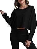 MATEAM Womens Workout Tops Casual Sweatshirt Long Sleeve Cropped Plain t Shirts Crewneck Ladies Going Out Crop Loose Fit Early Fall Fashion Clothing for Women Trendy Black M