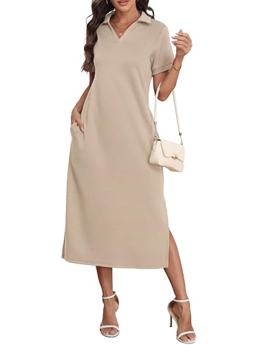 Image of GRECERELLE Womens Maxi Polo Dress Summer Short Sleeve Thick Anti-Wrinkle Soft Dresses with Pockets for Casual Daily & Work Wear (Apricot White, L)