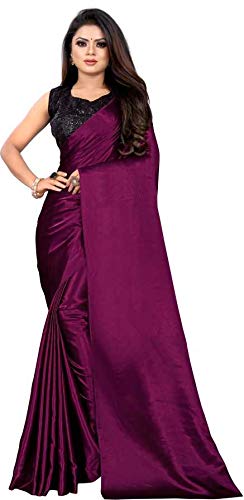 DHARMEE women's Woven Soft Satin Silk Plain Saree with Jacquard Matka Print Blouse Unstitched 0.90 Meter