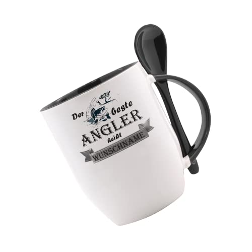 Tasse m. Löffel - Der Beste Angler heißt (Wunschname) - Löffeltasse, Kaffeetasse m. Motiv, Bürotasse, bedruckte Tasse mit Sprüchen oder Bildern, Tasse personalisiert