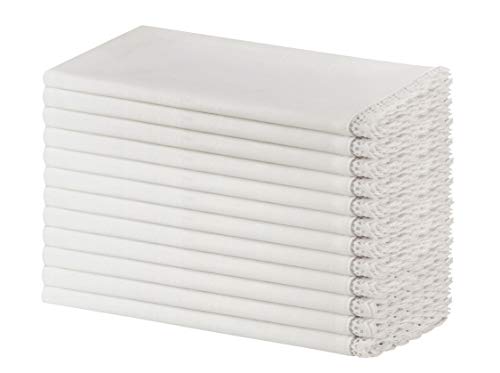 SweetNeedle - Paquet de 12 - Coton flammé avec Serviettes de Table en Dentelle au Crochet 50 CM x 50 CM (20 po x 20 po) de Couleur Blanche - Aspect Lin supérieur - Fibres Naturelles 100% Coton