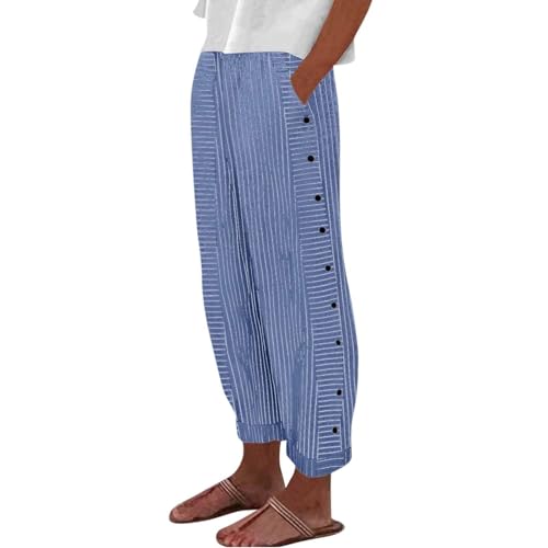 Casual Pants for Women Side Button Cotton Linen Pants Trendy Elastic Waist Straight Leg Trousers with Pocket 2025