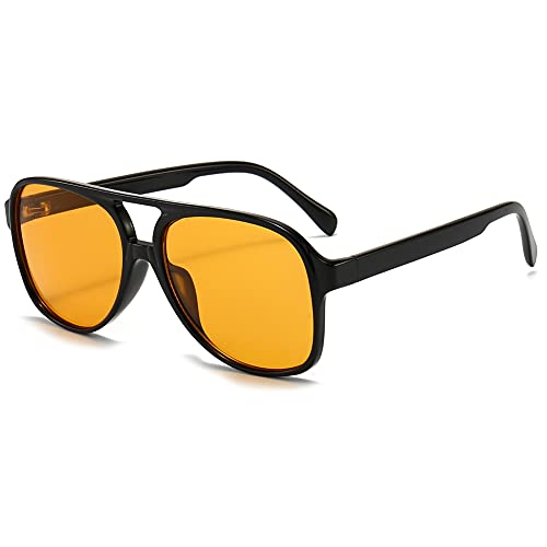 RUNHUIS Lunettes de soleil polarisées vintage pour homme et femme - Rétro années 70 surdimensionnées - Lunettes de soleil aviateur classiques, noir/jaune Cover