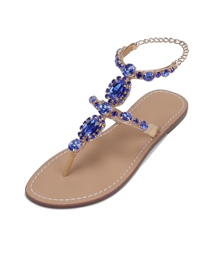 Image of ZhuLinFeng Women'S Rhinestone Gladiator Sandals Flat Wedding Sandals Gem Pearl Sparkling Bridal Bridesmaid Sandals Blue Bohemian Sandals
