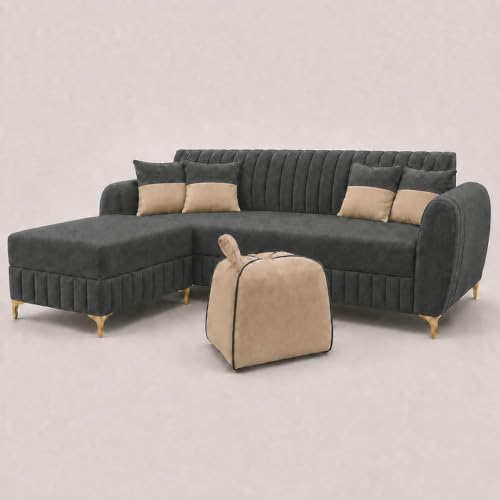 Image of CASASTYLE Signature Velour 4-Seater L-Shape Sofa Set with Movable Ottoman & Suri Pouf | Flexible LHS /RHS Layout | Boston Fabric | 40D Foam + Zigzag Spring | 3-Yr Warranty (Ash Grey, Sand Beige)