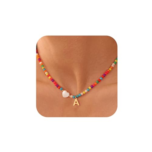 Ursteel Colorful Initial Cute Necklaces for Girls - Trendy Beaded Choker Necklace for Women Teen Girl, Personalized Letter Initial Gifts for Women Kids Jewelry, Brass, No Gemstone