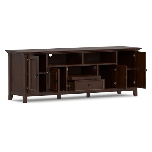 Image of SIMPLIHOME Amherst 72 inch Wide Solid Wood TV Stand in Russet Brown