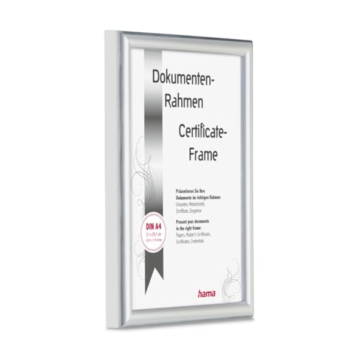 Hama Bilderrahmen Swing, 21x29,7cm (ideal für Urkunden und Dokumente in DIN A4, moderner Kunststoffrahmen, für Hochformat, für Querformat, zum Hinstellen/Hängen, Reflex Glas, Dokumentenrahmen) Silber