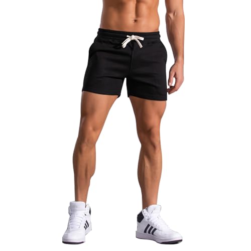 FGFD&OU Pantaloncini Sportivi da Uomo Shorts Cotone Bermuda Estivi, Pantaloni Corti per Jogging Sport Corsa Fitness Palestra Atletica Allenamento con Tasche (Nero, L)
