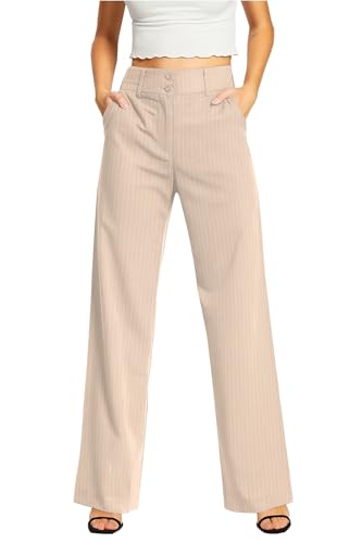 femiss Women's Wide Leg Trousers Tailored Office Work Smart Formal Relaxed Fit Trouser for Women (12, Stone Stripe)…