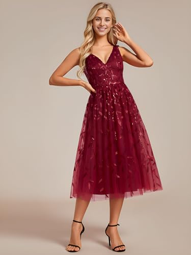 Image of Ever-Pretty Women's Prom Dress A Line V Neck Open Back Sleeveless Ruched Sequin Tea Length Formal Dress Burgundy US8