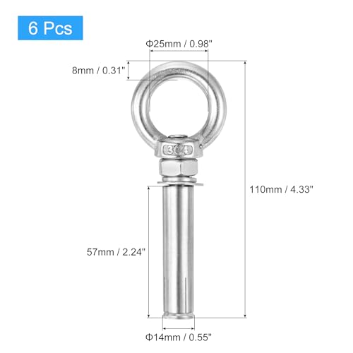 Image of uxcell Ring Lifting Expansion Eyebolt, 6pcs M10x80mm 304 Stainless Steel Expansion Screw with Eye Ring for Concrete Brick Wall