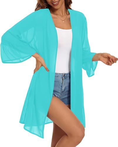 Indian Trendy Women's Solid Ruffle Sleeve Kimono Long Cardigan Loose Cover Up Casual Blouse Top Chiffon, Small-Medium