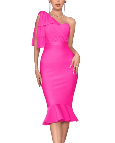 Image of houstil Women's One Shoulder Fishtail Wedding Guest Bandage Dress Mesh Midi Graduation Bodycon Party Club Dresses