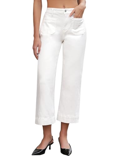 Vetinee Wide Leg Jeans for Women High Waisted Trendy Front Patch Pocket Flare Stretchy Denim Jean Pants Wide Leg Pants Woman High Waist Wide Leg Cream White Medium Fits Size 8-10