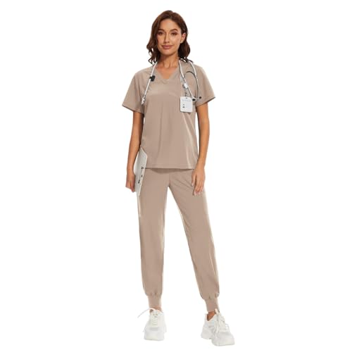 niaahinn Women's Breathable Cool Stretch Scrub Top and Yogger Waistband Pant with Multi-Pockets (Khaki,M)