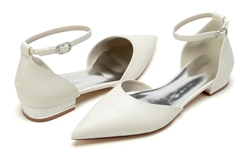 Hanfike Girls Womens Pointed Toe Satin Wedding Flats for Bride Ankle Strap Evening Shoes JY3182