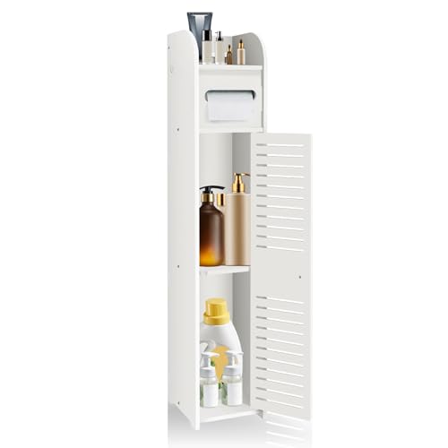Badschrank Schmal Weiß, Badezimmerschrank mit Toilettenpapierspendern,...