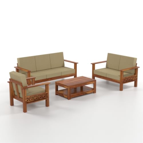 Image of Solid Sheesham Wood 6 Seater Sofa | Premium Handmade Wooden Sofa with Upholstered Cushioned Seat & Backrest | Modern Carved Couch for Living Room, Bedroom, Office, Reception & Lounge