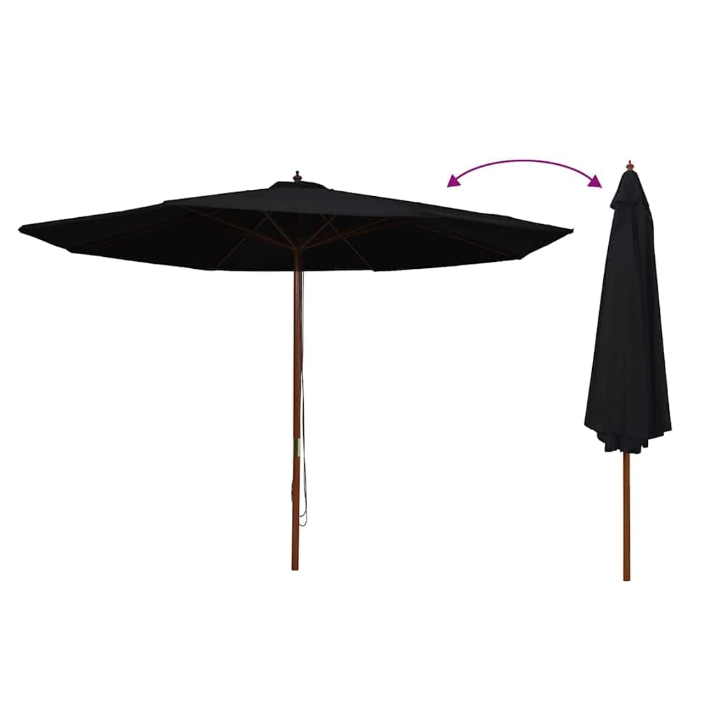 vidaXL Sombrilla de Jardín con Palo de Madera, Parasol Toldo, Refugio Solar, Paraguas para Playa Terraza Patio Exterior, Negro 350 cm