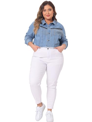 Agnes Orinda Plus Size Cropped Denim Jackets for Women Button Frayed Hem Tassel Crop Jean Jackets3