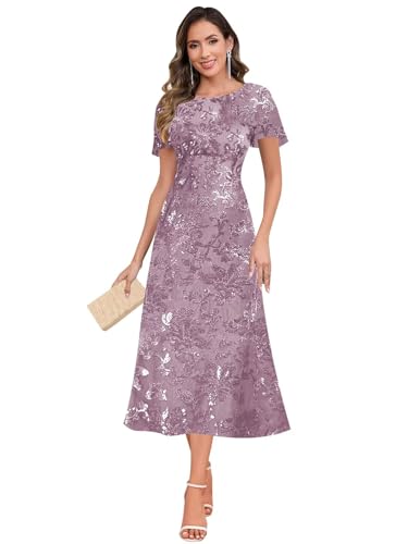 Mother of The Bride Dresses - Sequin Crew Neck Tea Length Formal Evening Dresses for Women