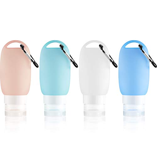 4 Pieces Silicone Travel Bottle Keychain Set Portable Travel Bottles Set Leak-proof Refillable Empty Bottle Container with 4 Keychain Clips for Toiletry, Shampoo, Liquid, Cosmetic, 2 oz