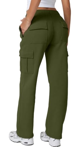 Image of QINSEN Baggy Medium Waist Elastic Sweatpants for Womens Casual Long Fleece Cargo Pants with Pockets