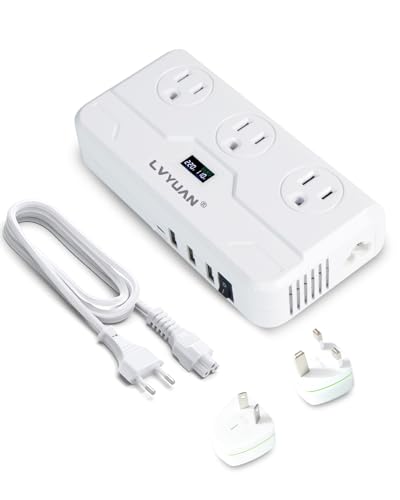 LVYUAN 250W Voltage Converter 220V to 110V with LCD Display, UK EU AU Travel Adapter with 4 USB Ports, Power Converter for Hair Straightener Curling Iron (White)