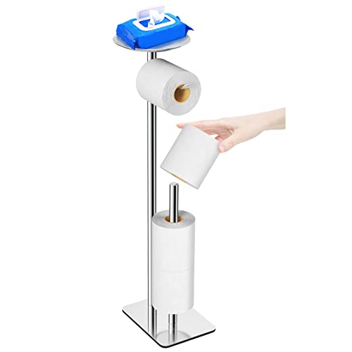 Feilern Toilet Paper Holder Stand For Bathroom Floor Standing Toilet Roll Dispenser Storages 4 Reserve Rolls, With Top Storage Shelf For Cell Phones, Wipe, Wallet And More(Chrome) #TOP5
