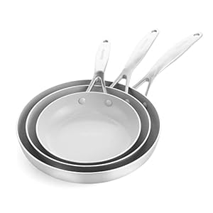 GreenPan Venice Pro Tri-Ply Stainless Steel Healthy Ceramic Nonstick, 8″ 9.5″ & 11″ 3 Piece Frying Pan Skillet Set, PFAS-Free, Multi Clad, Induction, Dishwasher Safe, Oven & Broiler Safe