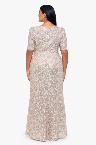 Image of Xscape Women's Long Lace Sequin Side Ruched Dress