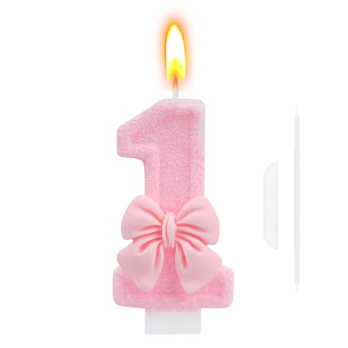 Velas de aniversário NSJFS 1, vela de aniversário, vela de 1 ano de borboleta rosa 3D, ornamento de bolo para decoração de bolo de aniversário (Número 1)