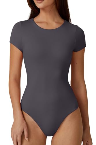 Image of QINSEN Women's Crew Neck Short Sleeve Bodysuit Double Lined Body Suits Basic T-shirt Tops