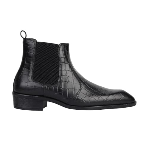 Image of Hayes London Chelsea Boots for Man | Crust Leather Black Ankle Boots | Cuban Heel Pointed Toe Stylish Formal & Casual Boots for Men | Slip-On Elastic Side Panel