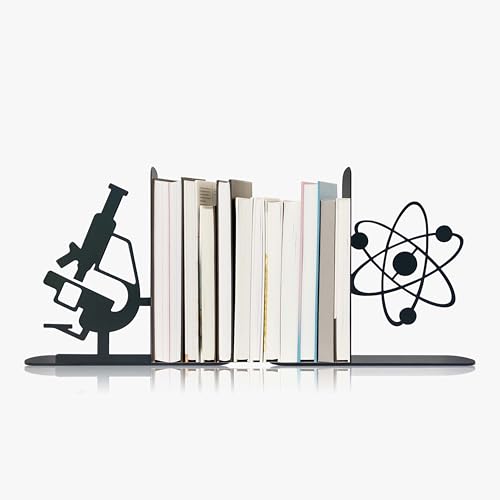 Metal bookends shaped like an atom and microscope — practical desk decor that quietly announces your science obsession.