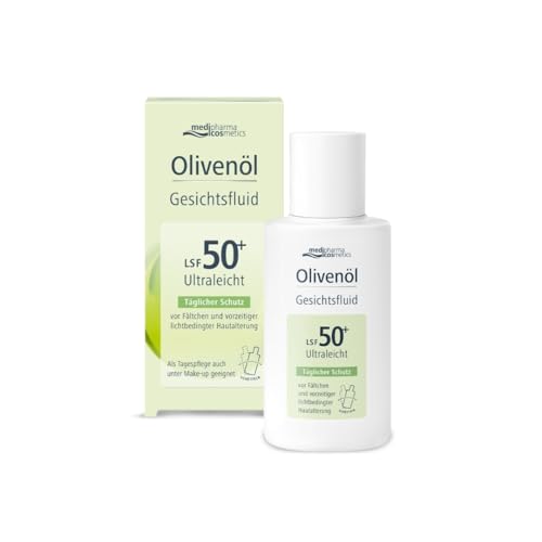 Olivenöl Gesichtsfluid mit LSF50+ von medipharma cosmetics I Ultraleichte Formel I Täglicher Schutz vor UV-Strahlen I Schutz vor Fältchen und vorzeitiger lichtbedingter Hautalterung I 50ml