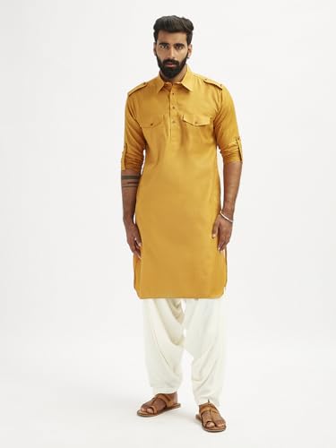 Kurta Pathani manches enroulables et ourlet arrondi en coton mélangé