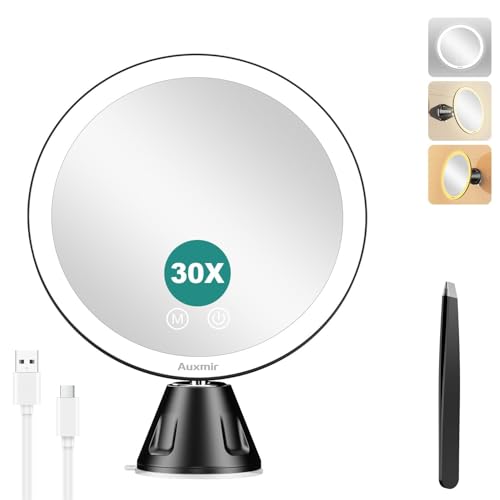 Auxmir Espejo Maquillaje con Luz LED, 30X Espejo Aumento de Baño con Ventosa, 2000 mAh USB Recargable, 360 Rotación, 3 Colores Ajustables, Portátil, para Afeitado Depilación Cejas Viaje, Negro