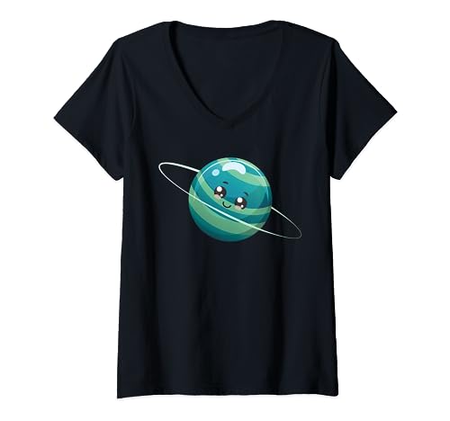 Donna T-shirt con Pianeta in stile Kawaii. Regalo per gli appassionati di Astronomia Maglietta con Collo a V