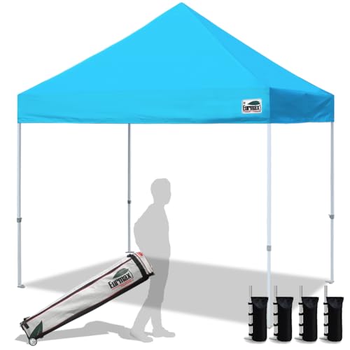 Eurmax USA 8x8ft Pop Up Canopy, Commercial Instant Tent for Outdoor Events, Patented No-Tip Rolling Storage Bag with 4 Sandbags, UV & Water Resistant, Heavy Duty Portable Shelter Gazebo,Sky Blue