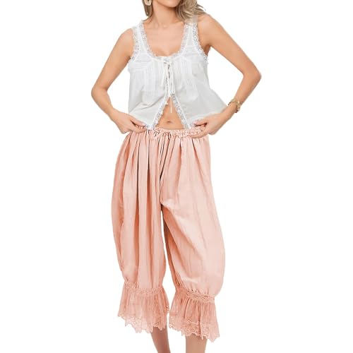 Image of KOSUSANILL Women Long Bloomer Pants Lace Trim Ruffle Pantaloons Cropped Lounge Pajama Bottoms Y2K Capri Pettipants