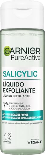 Garnier PureActive Salicylic líquido exfoliante con 7% de [Niacinamida + Escualano + AHA + Ácido Salicílico]. Reduce 55% marcas de acné y 34% de poros. Apto para pieles sensibles. 120 ml.