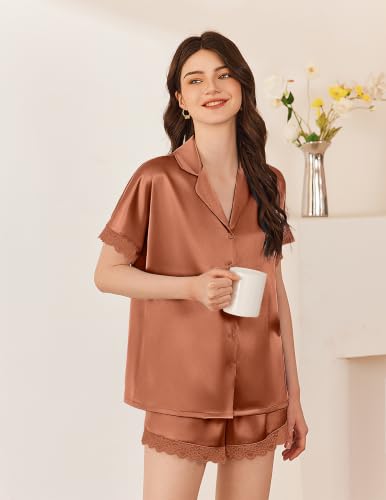Image of Ekouaer Womens Lace Satin Pajama Set Button Down Pj Shorts Set Bridesmaids Getting Ready Outfits Casual Sleepwear XS-XXL