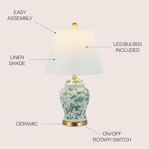 JONATHAN Y 22" White/Green Ceramic Table Lamp, French Country Chinoiserie Ginger Jar LED Bedside Lamp for Living Room Bedroom, White Linen Shade (JYL3005B) by JONATHAN Y - Image 5