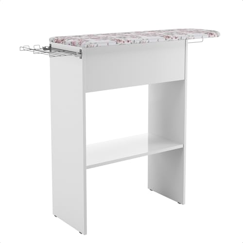 Mesa Tábua Passar Roupa Compacta com Armário Cabideiro Porta Ferro Suporte Metálico Nicho Armazenamento Tecido Estampado Estrutura com Dobradiças Aço - 88x105x30cm (Branco)