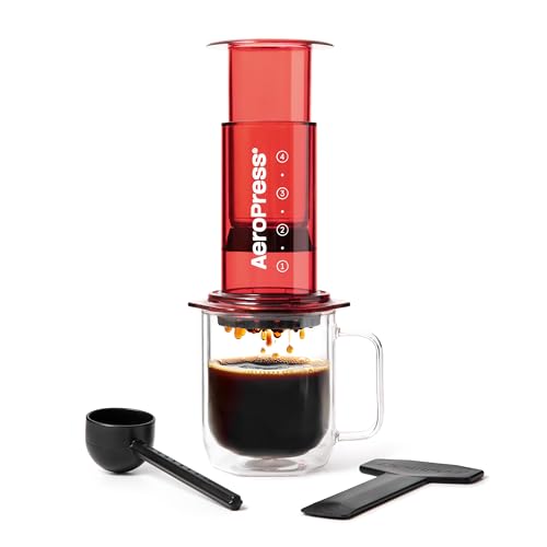 AeroPress Clear Coffee Press – 3 In 1 Brew Method Combines French Press, Pourover, Espresso, Full Bodied Coffee Without Grit or Bitterness, Small Portable Coffee Maker for Camping & Travel, Red