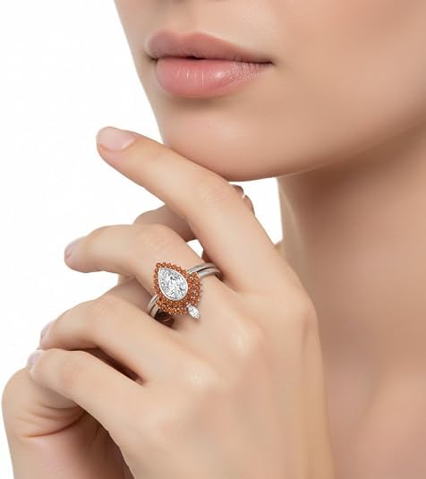 Image of 55Carat Choose Your Gemstone Bezel Pear Shape Halo CZ Diamond CZ Ring Sterling Silver Pear Shape Wedding Ring Sets Ornaments Surprise for Wife Symbol of Love Clarity Comfortable US Size 4 to 12
