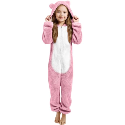 Mameluco para niños y niñas, de forro polar liso, con capucha, bonito y esponjoso y cálido, ropa de descanso, acogedor, cálido, cómodo, todo en uno, con capucha de oso, rosa claro, 4-5 años